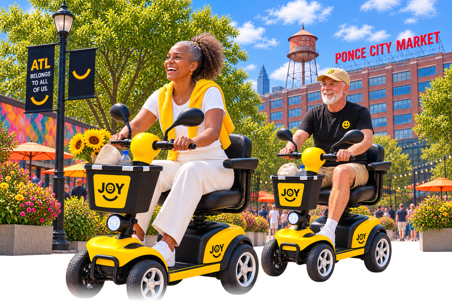 Two riders on JOY mobility scooters on the Atlanta BeltLine