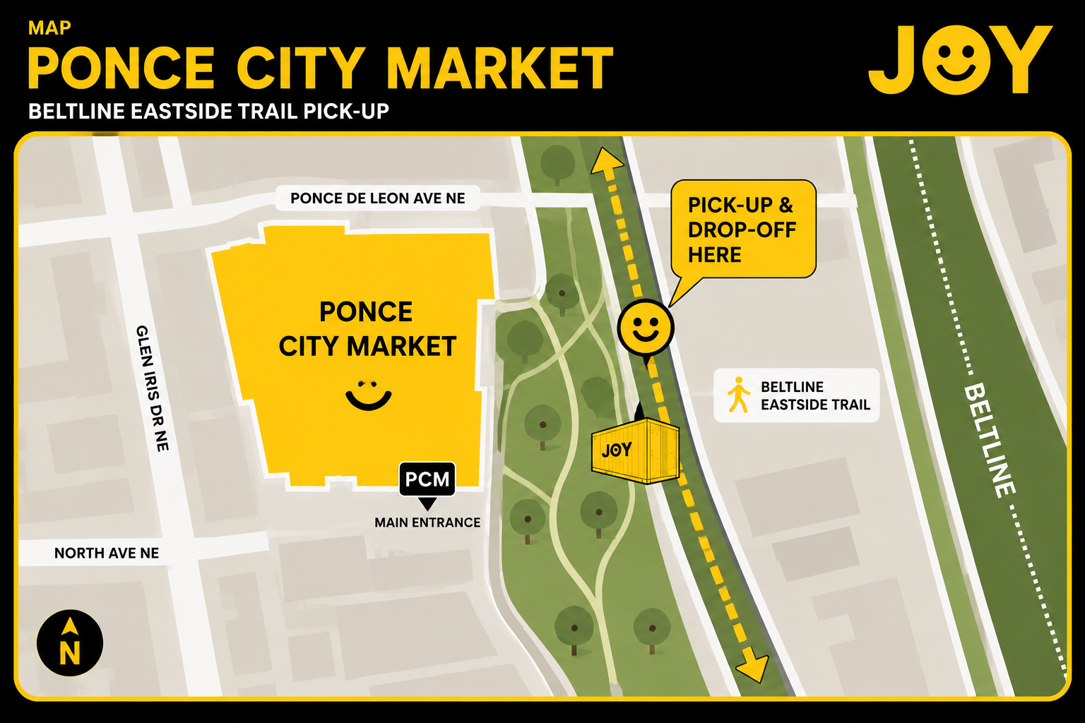 Map of the JOY pick-up and drop-off at Ponce City Market on the BeltLine Eastside Trail